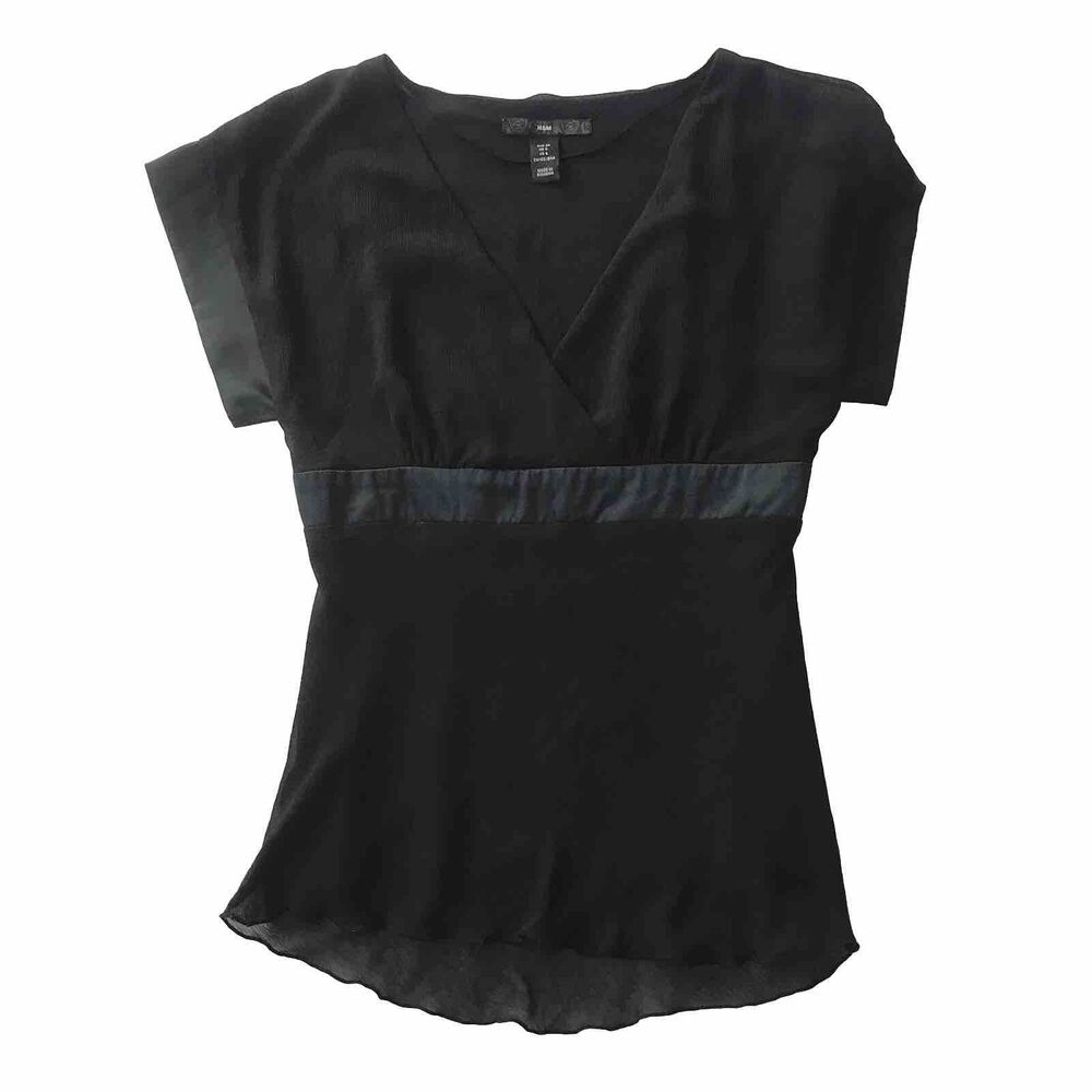 Y2K 00s Babydoll Empire Waist Whimsigoth Short Sleeve Blouse Top SZ 6 H&M Black